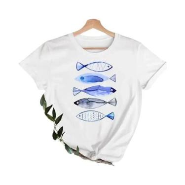 Imagem de Camiseta Feminina Casual Da Moda, Manga Curta, Estampa Gráfica De Peix