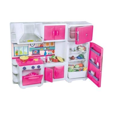 Imagem de Cozinha Infantil de Brinquedo Cozinha de Brinquedo Rosa com Geladeira Armário Fogão Mic...