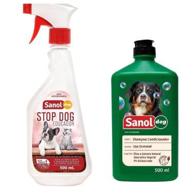 Imagem de Kit Shampoo e condicionador 2 em 1 com educador stop pipi não pode para Cachorro Sanol Dog