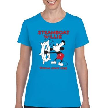 Imagem de Camiseta Steamboat Willie Vibing Since 1928 icônica retrô desenho animado mouse atemporal clássico vintage Vibe camiseta feminina, Azul claro, GG
