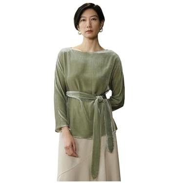 Imagem de Camiseta feminina de veludo de seda de alta qualidade primavera e outono manga longa verde negócios casual confortável blusa macia, Verde, 5X-Large Plus Extra Tall