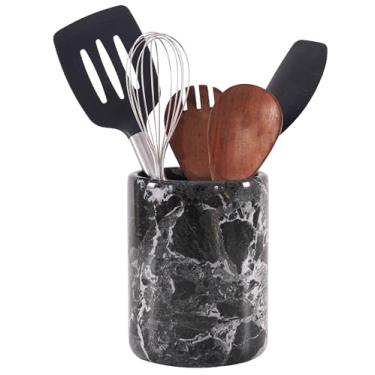 Imagem de Radicaln Suporte de utensílios de mármore 16,5 cm preto feito à mão conjunto de espátula para balcão de cozinha, pote de utensílios de cozinha e organizador de itens essenciais de cozinha, organizador