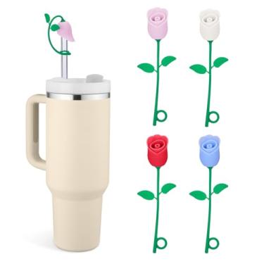 Imagem de Tampa de palha para copo Stanley, lindos topos de palha compatíveis com 30 copos de 1,134 g e garrafas de água, flor rosa de silicone 4 peças, ajuste 6 8 10 mm acessórios de rolha de canudos vermelho