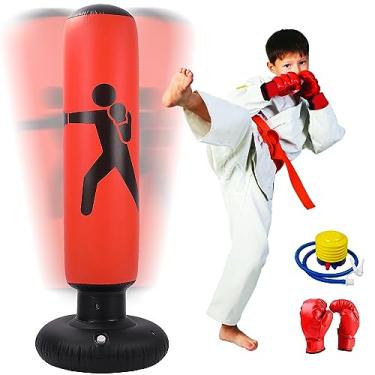 Imagem de Saco de pancada inflável para crianças, saco de boxe infantil autônomo com suporte, saco de pancadas de 160 cm com bomba de ar e luvas de boxe para kickboxing de karatê, equipamento de treino,