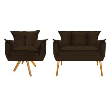 Imagem de Kit Namoradeira e Poltrona Opala Base Giratória de Madeira Suede Marro