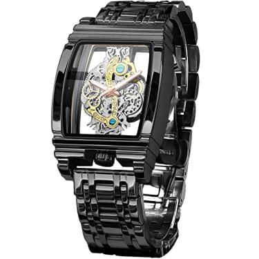 Imagem de FORSINING Relógio masculino de luxo com esqueleto vazado, retrô, lindo design de escultura retangular, com mostrador grande, cinto de couro e pulseira de aço inoxidável, relógio de pulso de quartzo, relógios não mecânicos, Preto