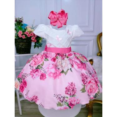 Imagem de Vestido infantil marfim peito nervura saia rosa florida - banana club,