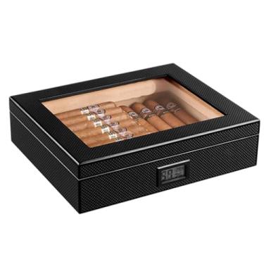 Imagem de Pequeno Caixas de charutos hidratantes, preto, transparente, teto solar, caixas de charutos de madeira de cedro suave, podem acomodar de 30 a 50 charutos Feito à mão