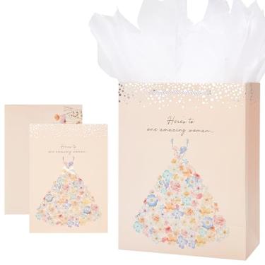 Imagem de Crisky Saco grande de chá de panela de 33 cm com cartão de chá de panela, saco de presente com papel de seda, cartão de presente (aqui está para uma mulher incrível) para casamento, chá de panela,