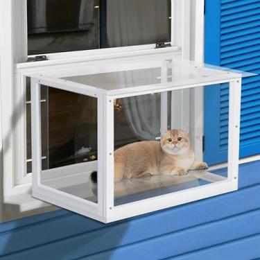 Imagem de Catio, janela de acrílico para gatos, janela externa com moldura de madeira, caixa de janela de gato com teto transparente à prova d'água para tomar sol, cochilar, aproveitar a visão ao ar livre