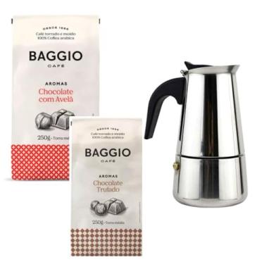 Imagem de Kit Café Baggio 2 Pacotes Aromas Chocolate com Avelã e Chocolate Trufado 250g cada + 01 Cafeteira Italiana Inox 6 Xícaras