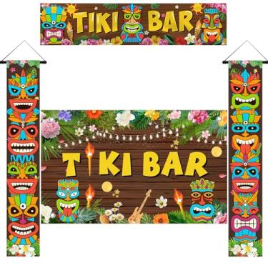 Imagem de 4 peças luau decorações de festa tiki totem porta banner sinal varanda cobertura tiki bar fundo fotografia decoração de parede para Aloha Hawaii Luau Tropical Moana aniversário carnaval festa ao ar livre