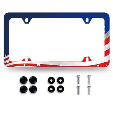 Imagem de Moldura de placa de licença de bandeira americana colorida patriótica bandeira dos EUA suporte de placa de carro aço inoxidável à prova de ferrugem peças automotivas engraçadas decoração de placa de licença com parafusos tamanho 31,2 cm x 16 cm homens mulheres