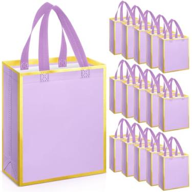 Imagem de Sweetude 16 sacos de presente reutilizáveis com alças de Natal, não tecido, reutilizáveis, sacolas de presente para compras, varejo, supermercado, casamento, aniversário, feriado (ouro lavanda, 20 x