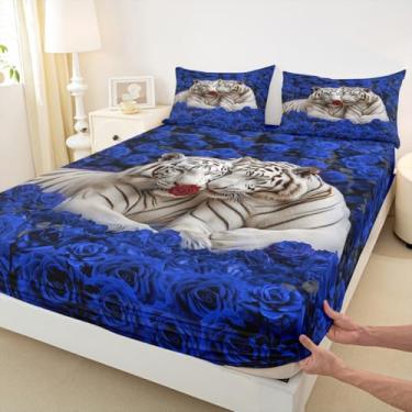 Imagem de Jogo de lençol casal casal tigre 3D, animal selvagem africano, 3 peças, rosa azul para decoração de quarto de adolescentes, mulher e adulto, lençol com bolso alto, 2 fronhas