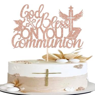 Imagem de 1 pacote com enfeite de bolo de comunhão com glitter cruz de pombo da paz palhetas de bolo religiosas God Bless para batismo tema chá de bebê 1º aniversário decoração de cupcake ouro rosa