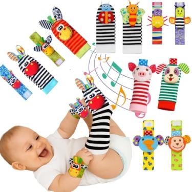 Imagem de Combo 6 Meias e 6 Pulseiras de Bebê com Chocalhos de Animais Macias com Som, 0 a 2 Anos, Coloridas