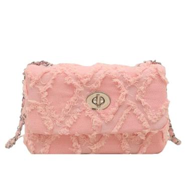 Imagem de Extolove Bolsa tiracolo jeans feminina pequena acolchoada bolsa jeans bolsa de ombro linda bolsa jeans, rosa, Bolsa jeans