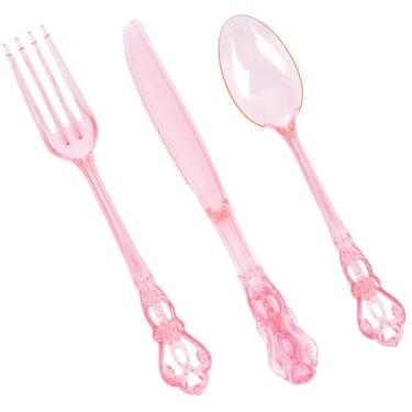 Imagem de Conjunto de talheres de plástico Joyido Vintage Clear Pink 150 unidade