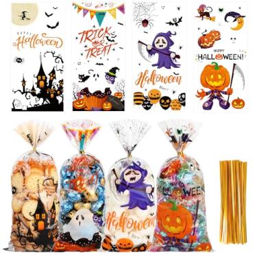 Imagem de QOIUSO Sacos de guloseimas de celofane de Halloween, 100 unidades de sacos de plástico transparente para doces de Halloween com 110 peças de torções para lanches, embalagem de biscoitos, brindes de