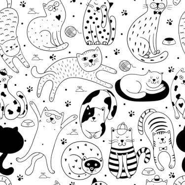 Imagem de EPPKILY Papel de parede de gato branco/preto descasque e cole papel de contato branco papel de parede de berçário divertido gatinho fofo autoadesivo removível papel de contato para quarto de crianças