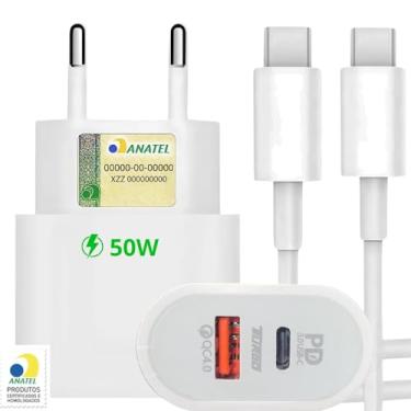 Imagem de Carregador Turbo 50W + Cabo Tipo C, 2 Entradas USB e USBC, Carrega 2 Dispositivos, Turbo - Fonte e Cabo 50W, i.Phone 15, 16, 17, Galaxy, S.amsung, X.iaiomi, Android, Tecnologia Power Delivery