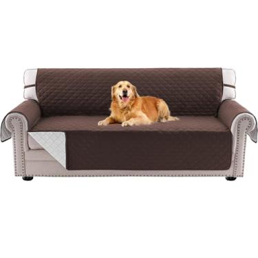 Imagem de PrinceDeco Capa de sofá reversível para sofá de 3 almofadas, capa de sofá acolchoada grossa para cães, padrão xadrez pequeno, lavável e protetor de móveis com alças elásticas (sofá 167 cm, marrom)