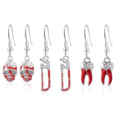 Imagem de JOONL 3 pares de brincos vintage punk de liga punk sangrenta e assustadora martelo pingente de gota personalidade hip pop brincos de gancho de festa, Medium, Metal, Sem pedra preciosa