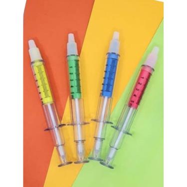 Imagem de Kit 04 canetas 2 em 1 seringa esferográfica e marca texto colorido caneta presente lembrancinha natal