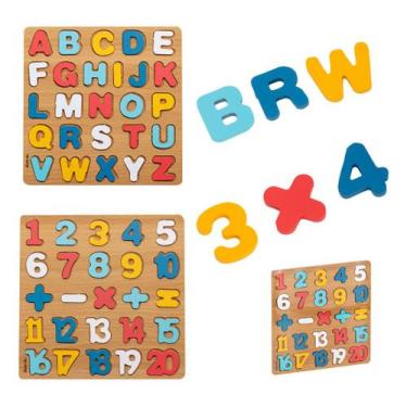 Imagem de Kit 2 Brinquedo Madeira Encaixa Educativos Números E Letras - BRW