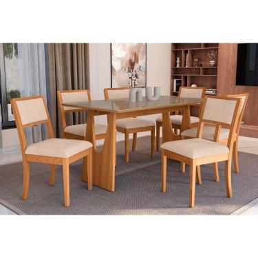 Imagem de Conjunto Sala de Jantar Mila Premium Madeira Maciça c/ Tampo Madeirado c/ Vidro 160x90cm e 6 Cadeiras Alice Carvalho/Freijo Bronze - Linho Bege Argila