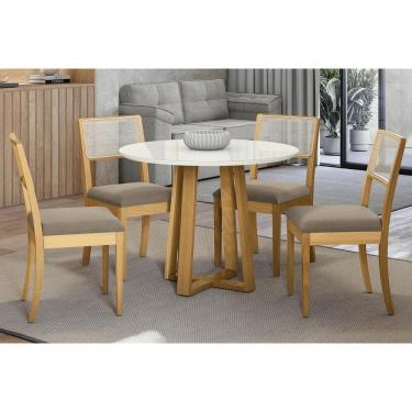 Imagem de Conjunto Sala de Jantar Elma Premium Madeira Maciça c/ Tampo Madeirado c/ Vidro 105x105cm e 4 Cadeiras Lola Carvalho/Off White - Boucle Bege Fendi-Kap