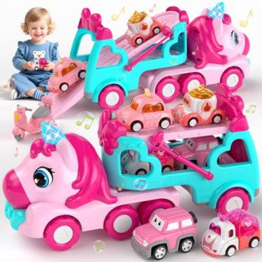 Imagem de Caminhão transportador de brinquedos Newcrave 34x11x15cm com 7 veículo