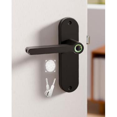 Imagem de Blusafe Breeze Fechadura de porta com impressão digital Maçaneta de porta de entrada sem chave com alça para casa, hotel, escritório, apartamento, quarto (placa longa brisa (preto))