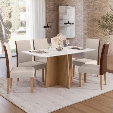 Imagem de Sala Jantar Isa 160cm Vidro 6 Cadeiras Helo Linho Claro Encosto Courino Mel/Off White