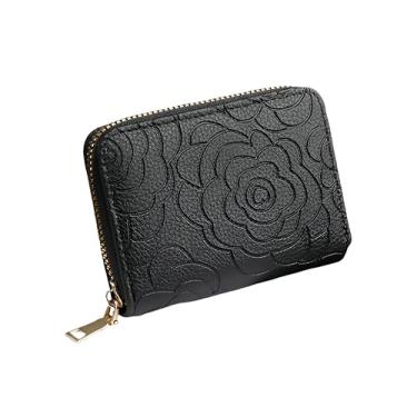 Imagem de Carteira floral elegante para mulheres – Suporte para cartão fino com bloqueio de RFID, zíper, couro PU leve (preto/bordô), Preto, Porta-cartão de grande capacidade de couro floral