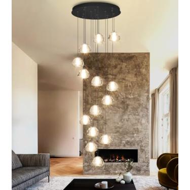 Imagem de Lustre moderno de cristal com 14 luzes, 300 cm de comprimento, iluminação LED preta para escada, ideal para hall de entrada, sala de estar, corredor e escada. Luminária de teto ajustável.