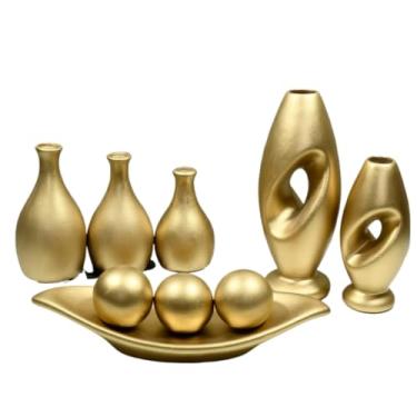 Imagem de Vaso Decorativo De CerâMica – Vaso Artesanal, Adequado Para Colocar No Centro Da Mesa De Jantar, Aparador, Alcova Ou Prateleira.(DOURADO LISO 9PÇS)