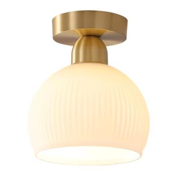 Imagem de Luminária de teto retrô em LED branco leitoso para banheiro com cúpula de vidro articulada, luminária de teto moderna e compacta em latão para quarto, hall de entrada, corredor, varanda e co