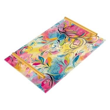 Imagem de Wassud Bandeja de banheiro floral em aquarela com alças, organizador de perfume de joias de acrílico para banheiro, quarto, cozinha, balcão de 30 x 20 cm