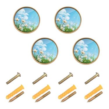 Imagem de Burbuja Maçanetas de armário de cozinha White Flowers, pacote com 4, puxadores redondos de 3,5 cm, puxadores de cômoda com parafusos para armários de cozinha, quarto, armário
