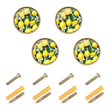 Imagem de Burbuja Maçanetas de armário de cozinha Yellow Lemons, pacote com 4, puxadores redondos de 3,5 cm, puxadores de cômoda com parafusos para armários de cozinha, quarto, armário