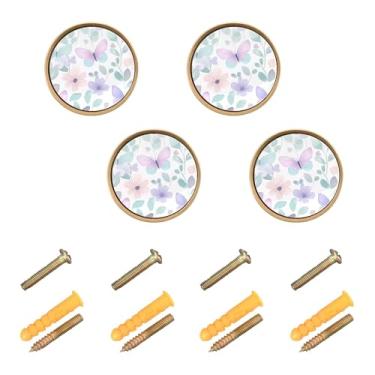 Imagem de Burbuja Maçanetas de armário de cozinha borboleta de flor pastel, pacote com 4, puxadores redondos de 3,5 cm, puxadores de cômoda com parafusos para cozinha, quarto, armários, armário