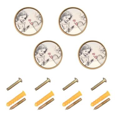 Imagem de Burbuja Maçanetas de armário de cozinha Valentine Cupid, pacote com 4, puxadores redondos de 3,5 cm, puxadores de cômoda com parafusos para armários de cozinha, quarto, armário