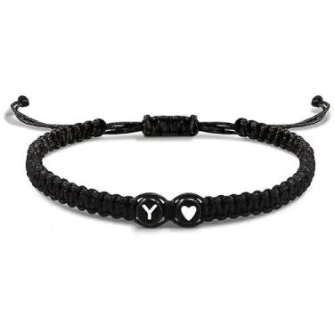 Imagem de Pulseira com inicial para mulheres, joias da amizade, corda trançada preta, cordão ajustável, coração, charme, presente de casal, Medium, Latão, Sem Pedra Preciosa