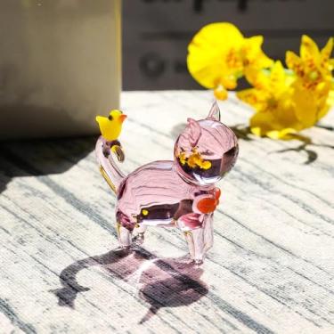 Imagem de RSACCSKY Hand Blown Glass Cat Figurines Collectible with Little Bird, 1.8 Inch Mini Crystal Kitten Sculpture for Nightstand Shelf Table Office Home Decor (Pink)