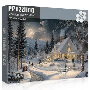 Imagem de Moonlit Snowy Night Puzzles for Adults 1000 Pieces, Cozy Winter Forest Cabin Night Scene Nature Jigsaw Puzzle, Challenging Holiday Landscape Art Puzzle as Home Wall Decor