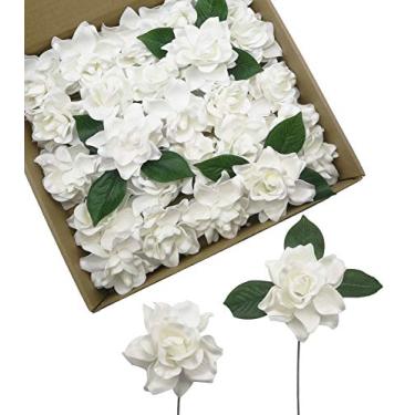 Imagem de D-Seven Flores artificiais 25 peças Flores de Gardenia com haste para flores de casamento Centerpiece Chá de noiva Decorações de chá de bebê DIY Buquês de casamento Festa arranjos florais Decoração de casa Branco