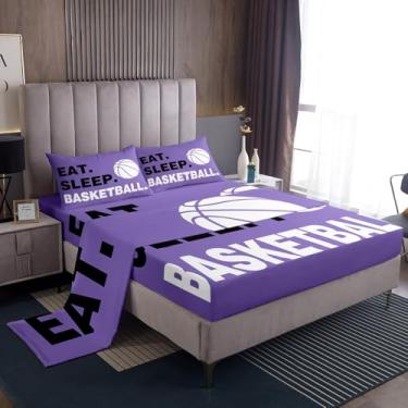 Imagem de Feelyou Jogo de lençol solteiro de basquete, roxo, 3 peças, para crianças, meninos, meninas, adolescentes, com bolso alto, lençol com elástico alto, presente para amantes de basquete