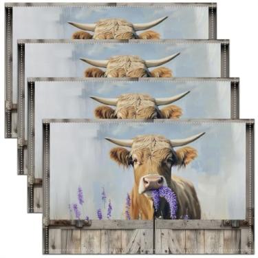 Imagem de Feelyou Jogo americano bonito de vaca Highland Conjunto de 4 tapetes de mesa de celeiro de madeira de 30,5 x 45,7 cm para mesa de jantar, uso interno, externo, cozinha, fazenda, campo, mesa, mesa,